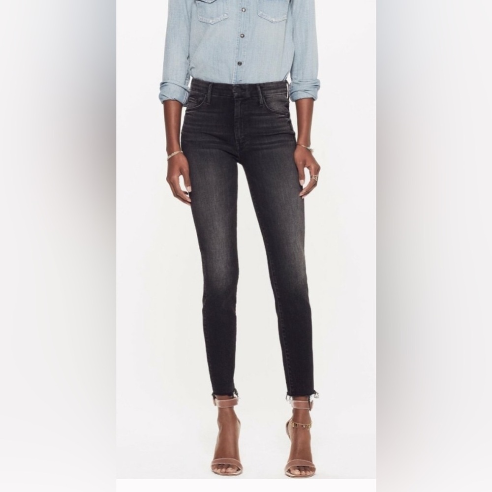 Mother High Waisted Looker Jeans Ankle Fray Black Grey 28 Night Hawk